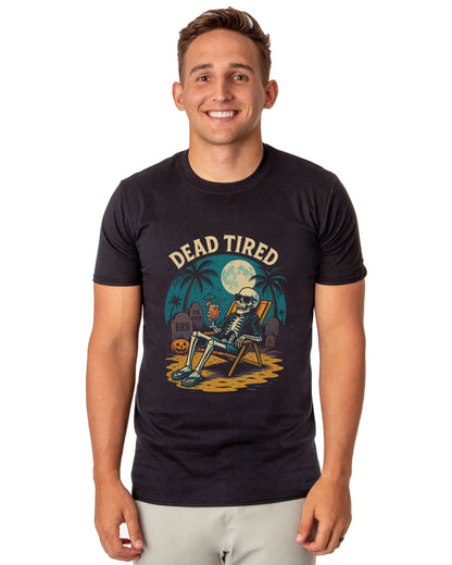 PJammy Dead Tired Skeleton Halloween Mens Beach Graphic T-Shirt