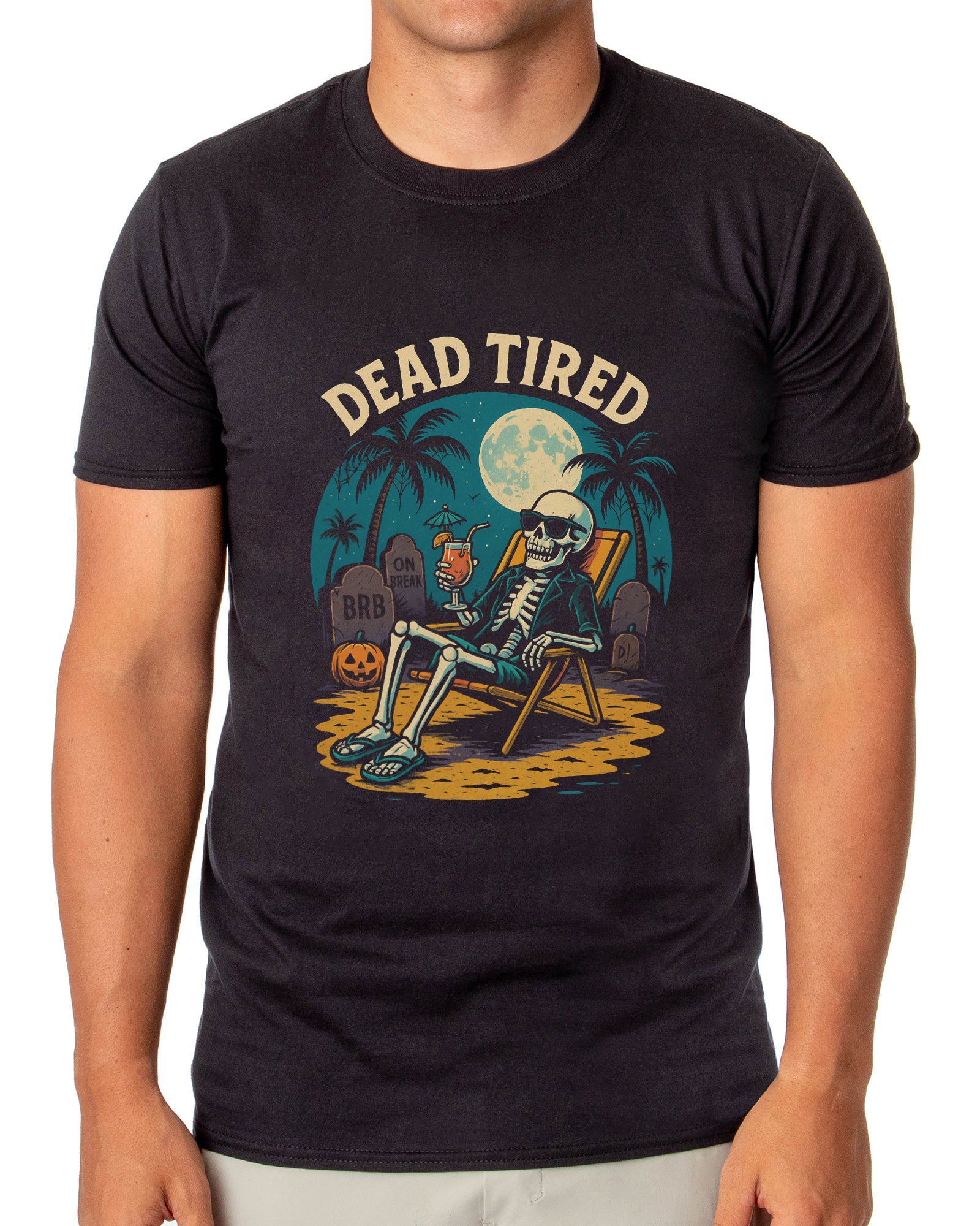 PJammy Dead Tired Skeleton Halloween Mens Beach Graphic T-Shirt