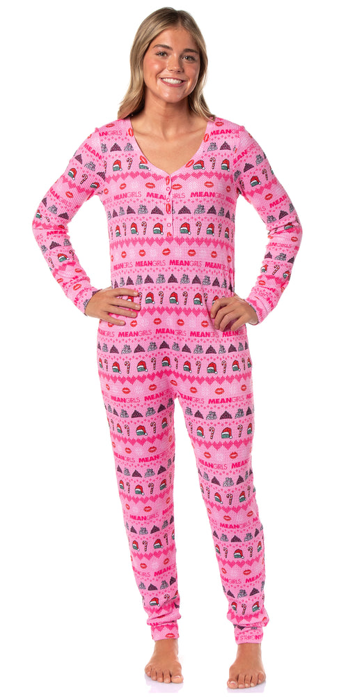 Mean Girls Women's Christmas Waffle Union Suit One-Piece Long Sleeve Footless Loungewear Sleep Pajamas