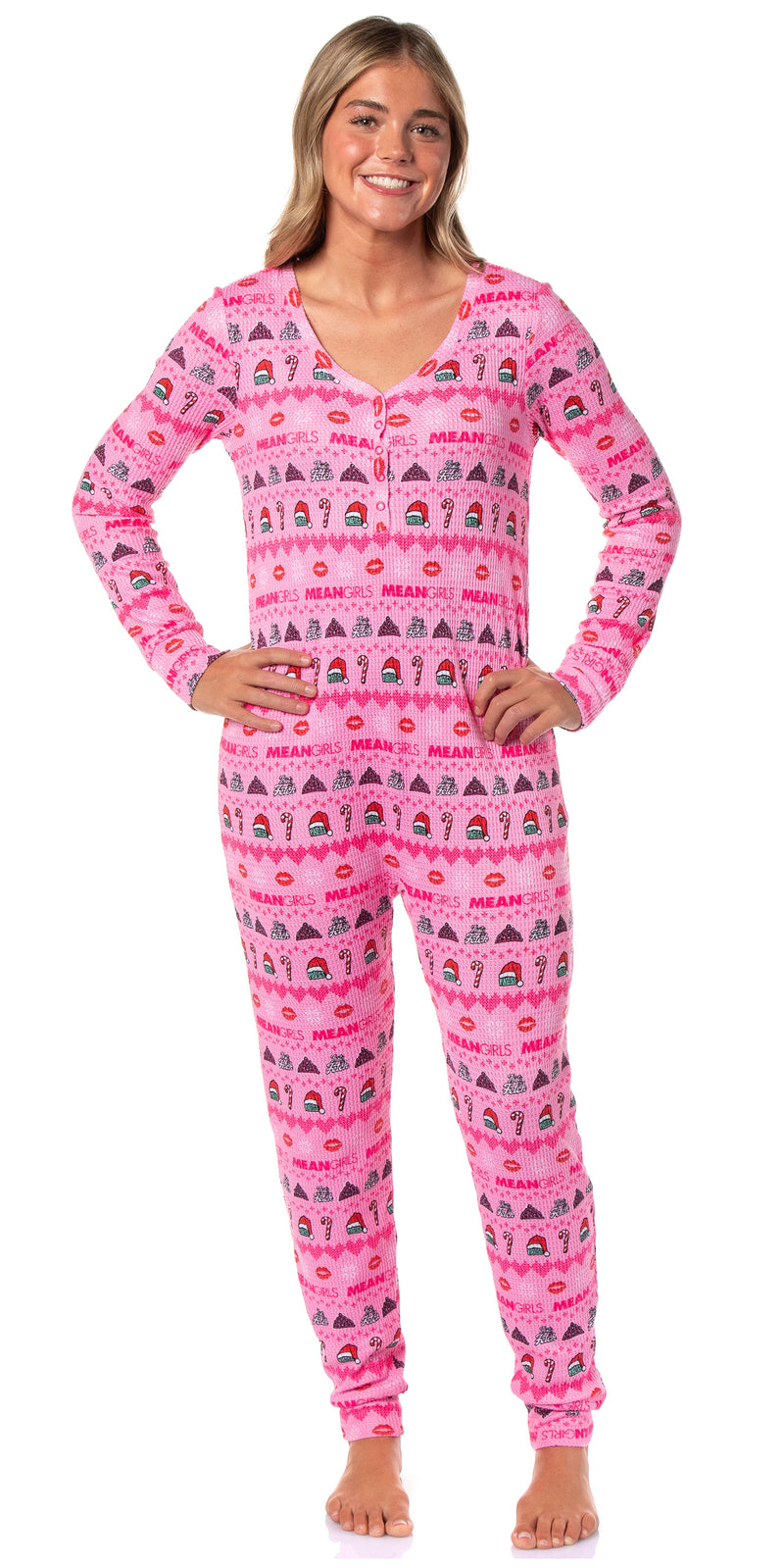 Mean Girls Women's Christmas Waffle Union Suit One-Piece Long Sleeve Footless Loungewear Sleep Pajamas