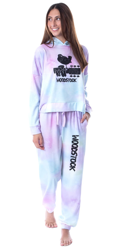 Woodstock Classic Logo Tie Dye Womens' Pajama Cropped Hooded Jogger Set