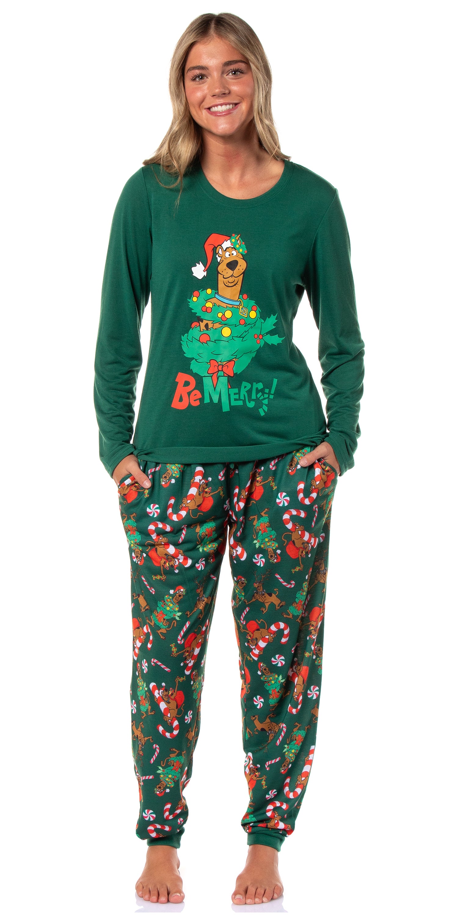 Scooby-Doo Women's Christmas Character Tree Reindeer Button Sleep Pajama Set(L)
