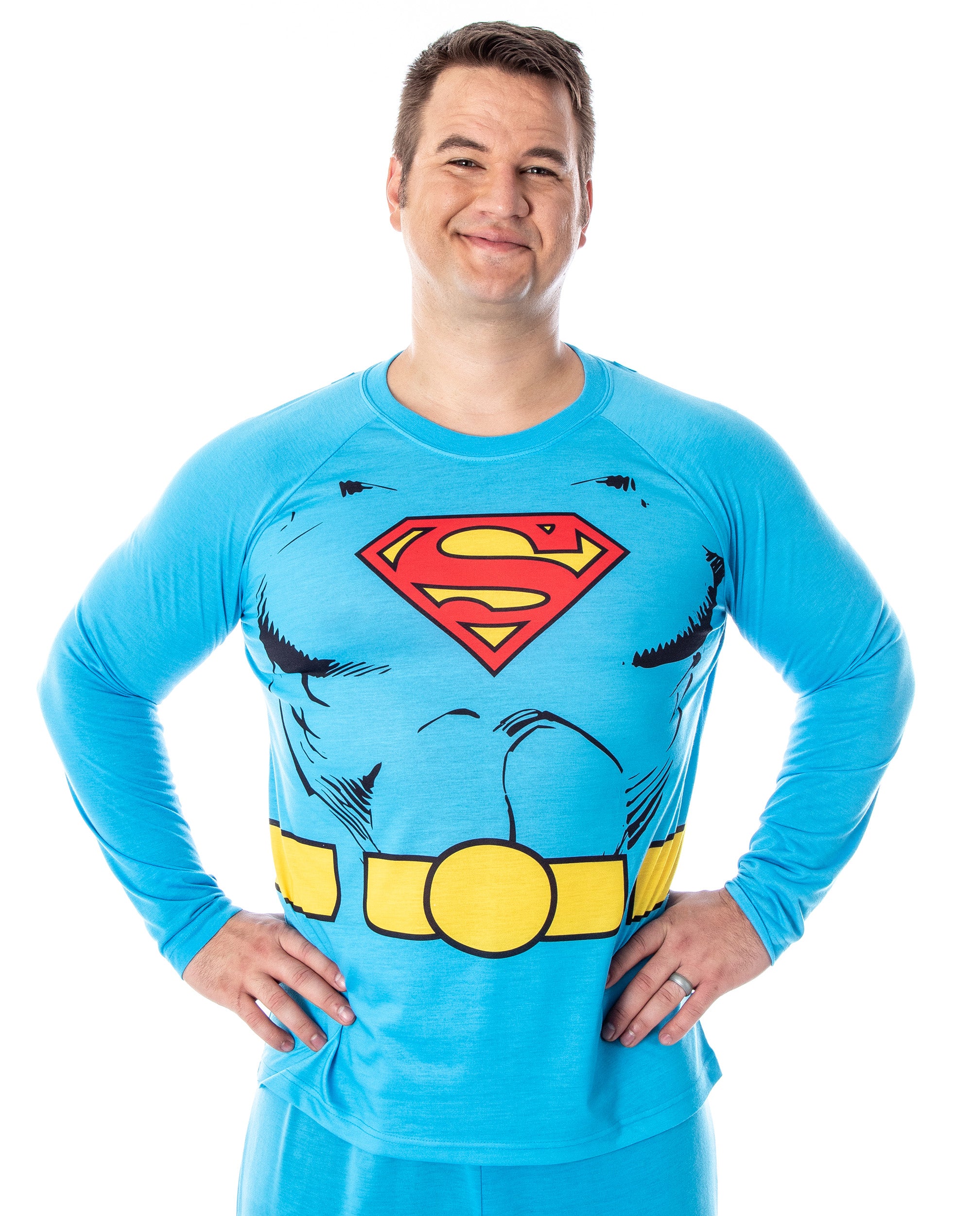 DC Comics Men's Superman Costume Raglan Shirt And Pants Pajama Set with Cape