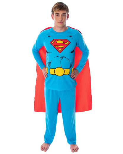 DC Comics Men's Superman Costume Raglan Shirt And Pants Pajama Set with Cape