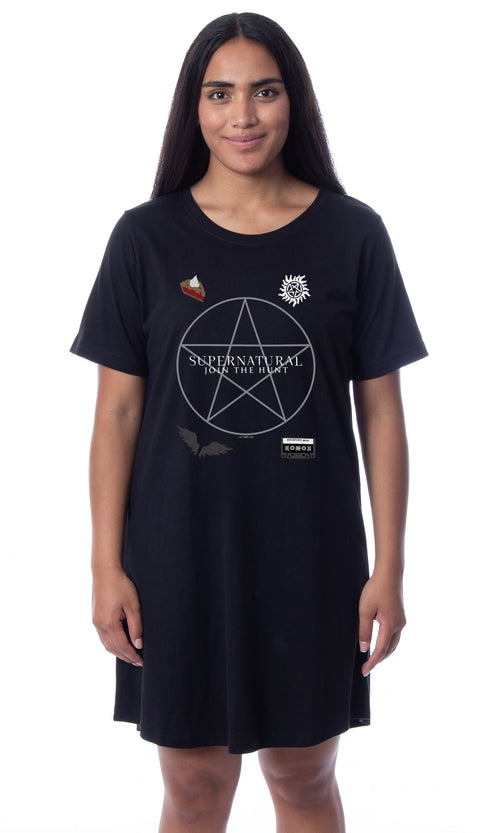 Supernatural Womens' Join The Hunt Pentagram Pie Mixtape Angel Nightgown Sleep Pajama Shirt
