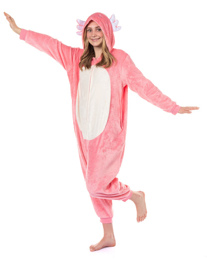 Squishmallows Union Suit Girls' Kigurumi One Piece Pajamas (Axolotl, 10/12)