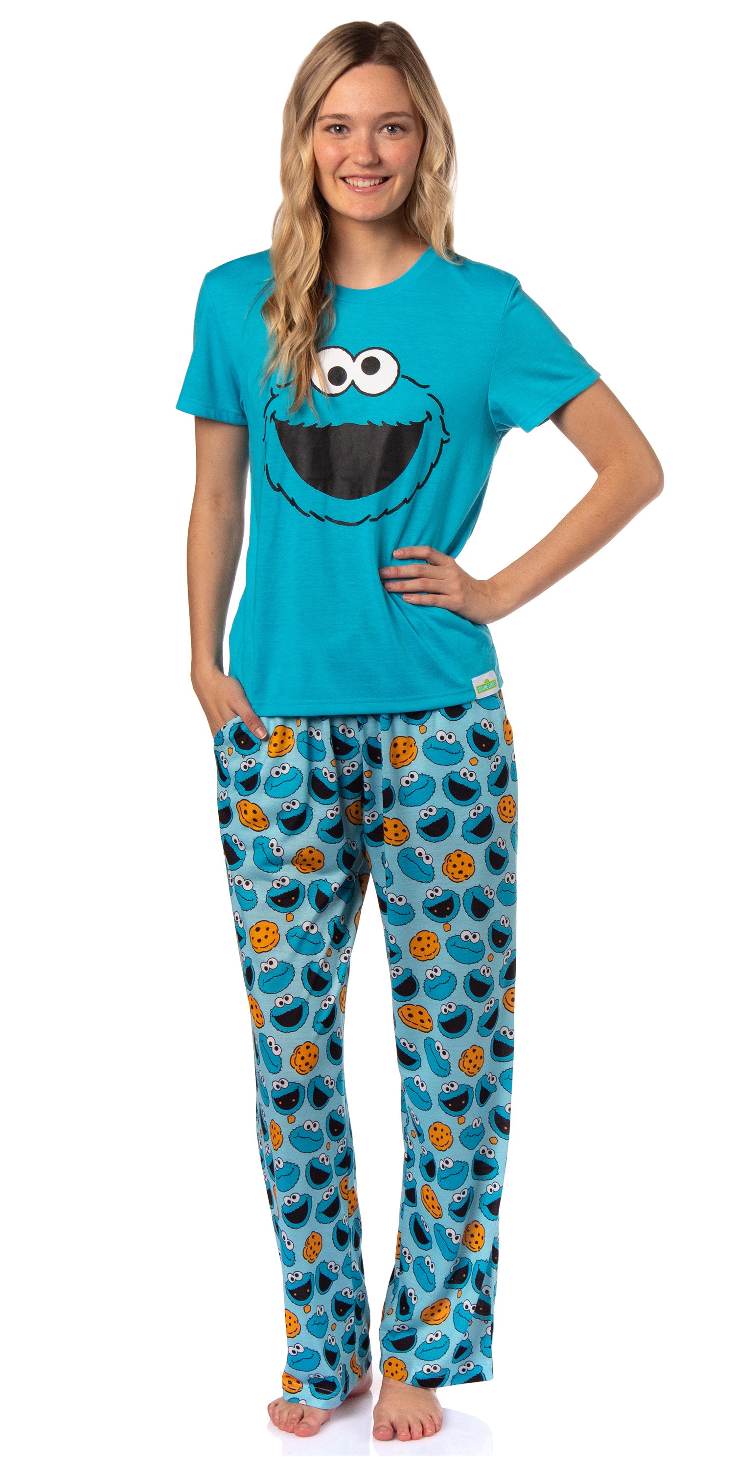Sesame Street Women's Big Face Tossed Print Pajama Set (Cookie Monster, XS)