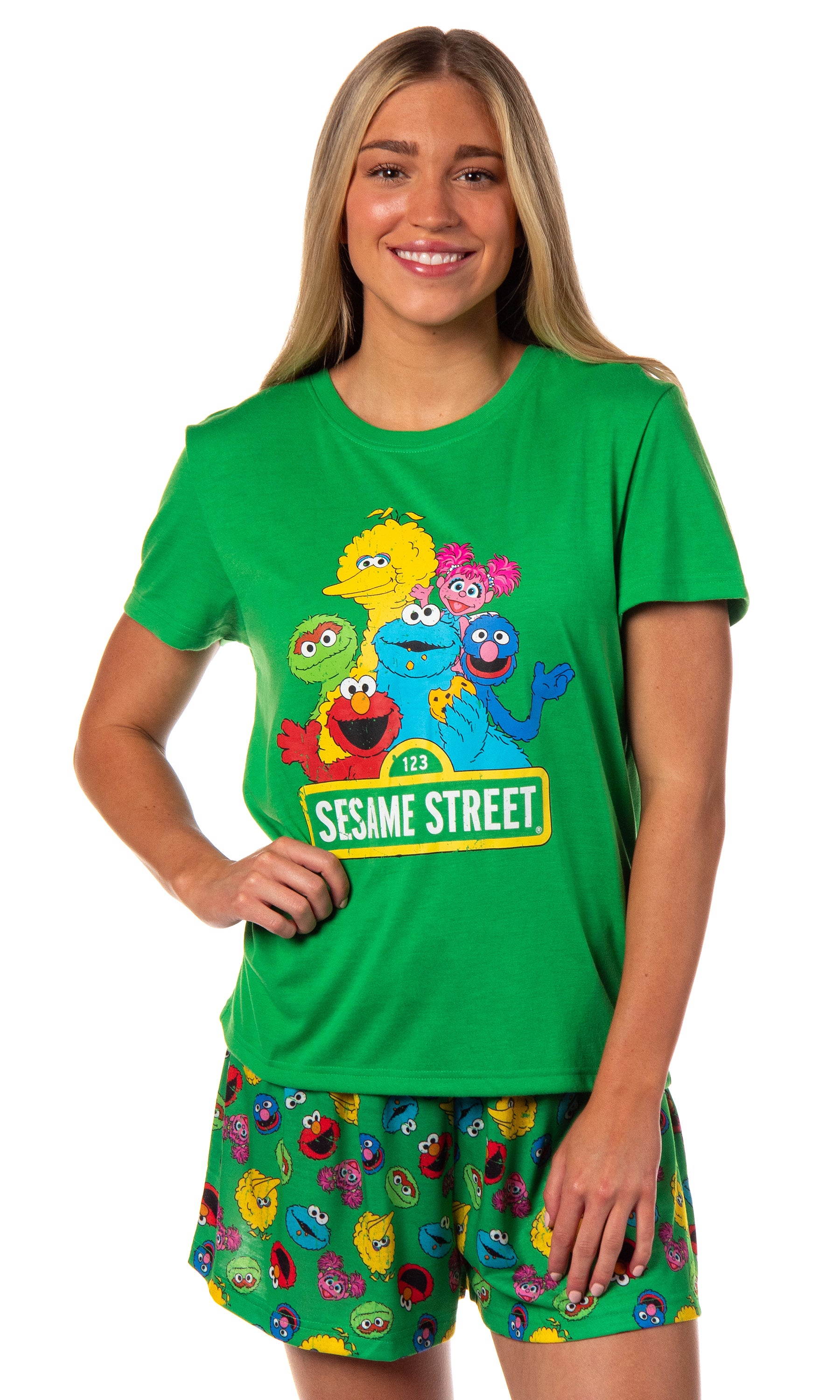 Sesame Street Women's Distressed Print Elmo Cookie Monster Pajama Set Shorts
