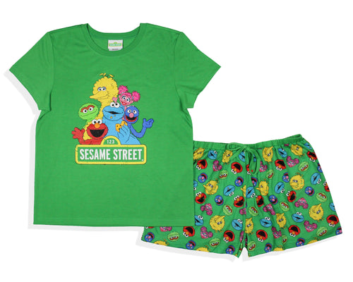 Sesame Street Women's Distressed Print Elmo Cookie Monster Sleep Pajama Set Shorts