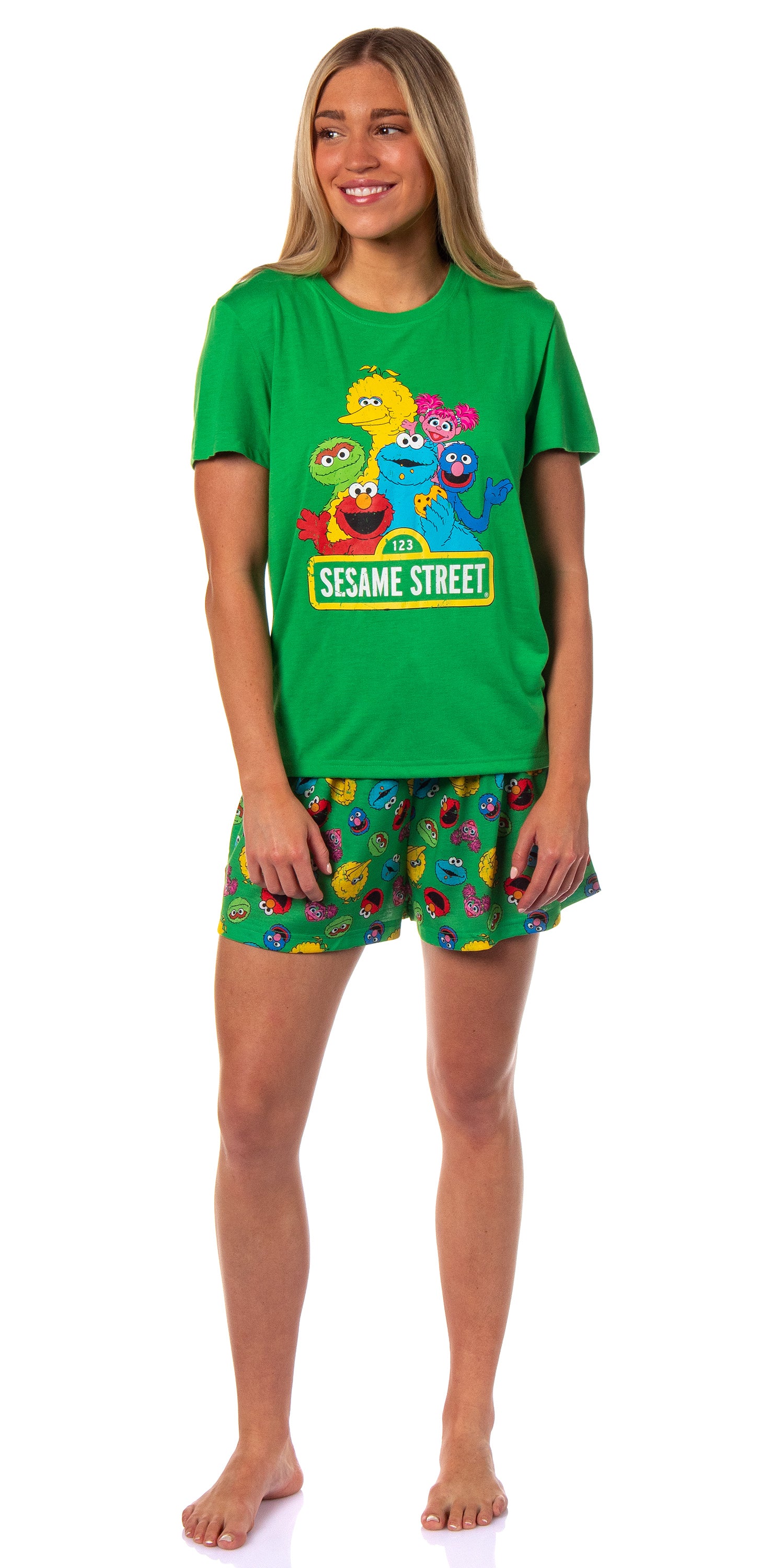 Sesame Street Women's Distressed Print Elmo Cookie Monster Pajama Set Shorts