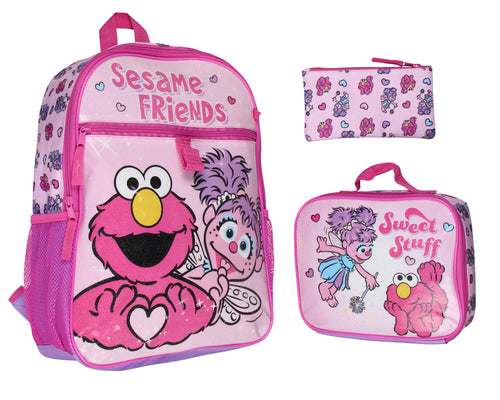 Sesame Street Friends Elmo Abby Cadabby 3 PC Backpack Lunch Box Pencil Pouch