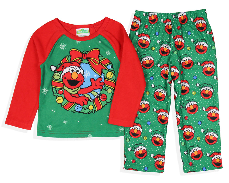 Sesame Street Kid's Elmo Christmas Wreath 2-Piece Long Sleeve Fleece Raglan Pajama Set Sleep Loungewear Boys Girls