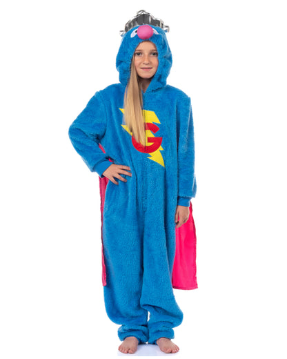 Sesame Street Union Suit Super Grover Boy's Full Zip Hooded Pajamas