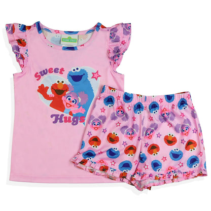 Sesame Street Pajamas Toddler Girls Sweet Hugs Ruffled Short Sleep Set (3T)