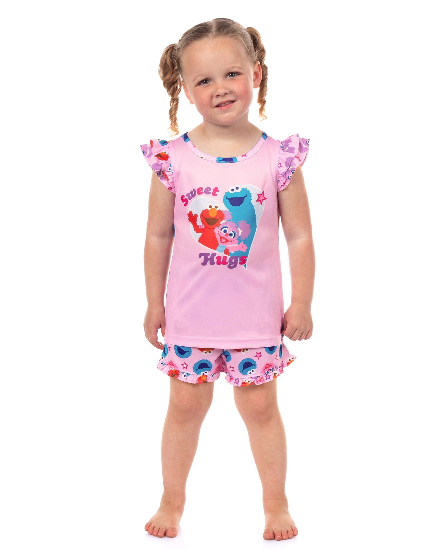 Sesame Street Pajamas Toddler Girls Sweet Hugs Ruffled Short Sleep Set (6)