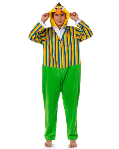 Sesame Street Union Suit Bert Adult Hooded Costume One Piece Pajama (L/XL)