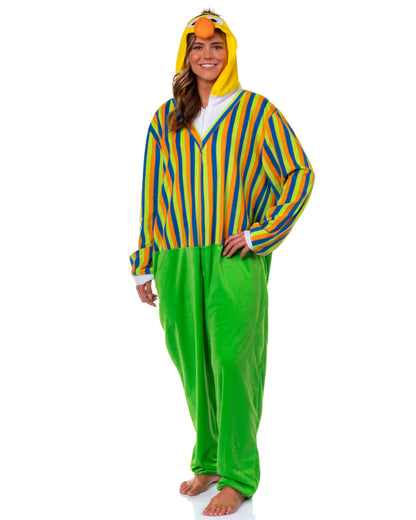 Sesame Street Union Suit Bert Adult Hooded Costume One Piece Pajama (L/XL)