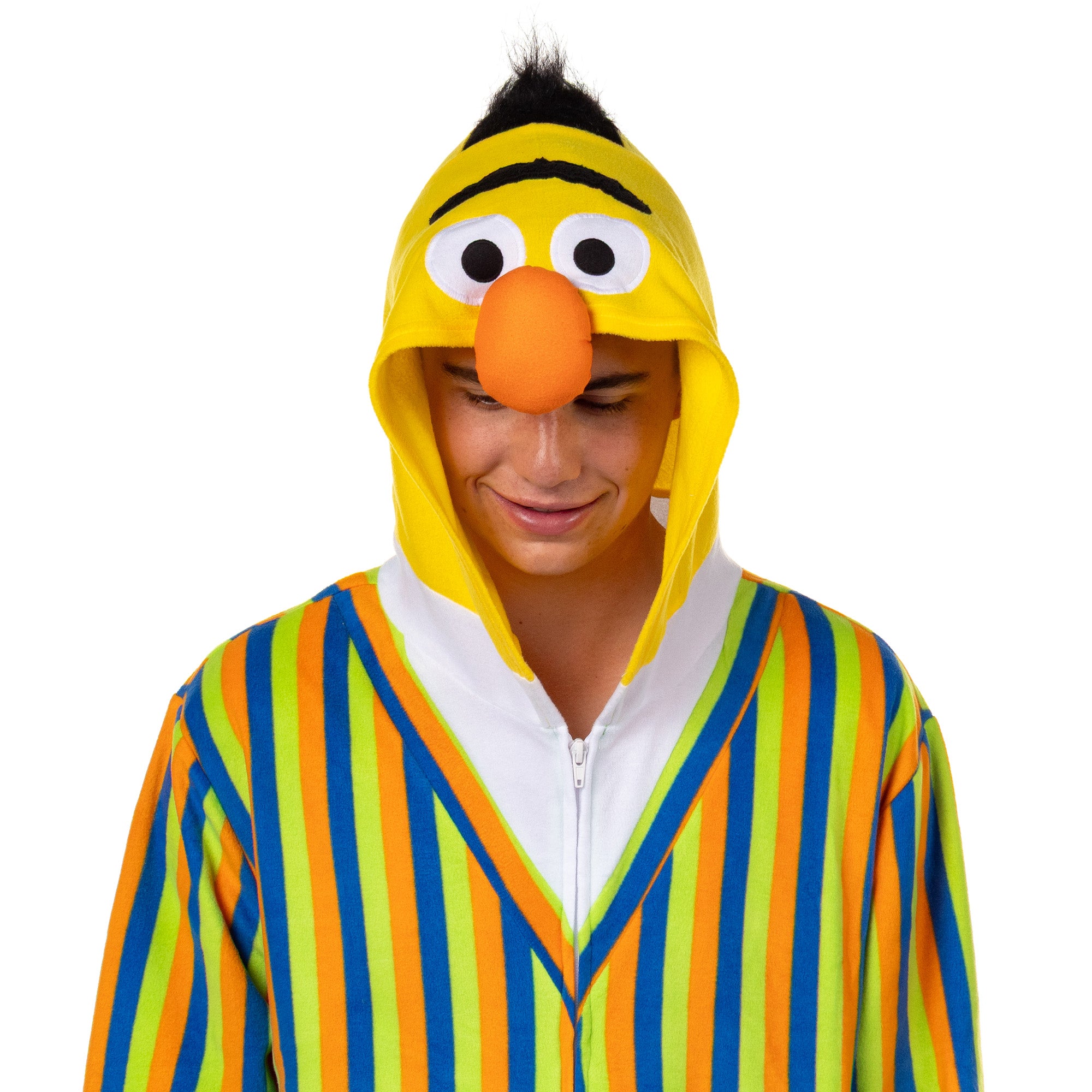 Sesame Street Union Suit Bert Adult Hooded Costume One Piece Pajama (L/XL)