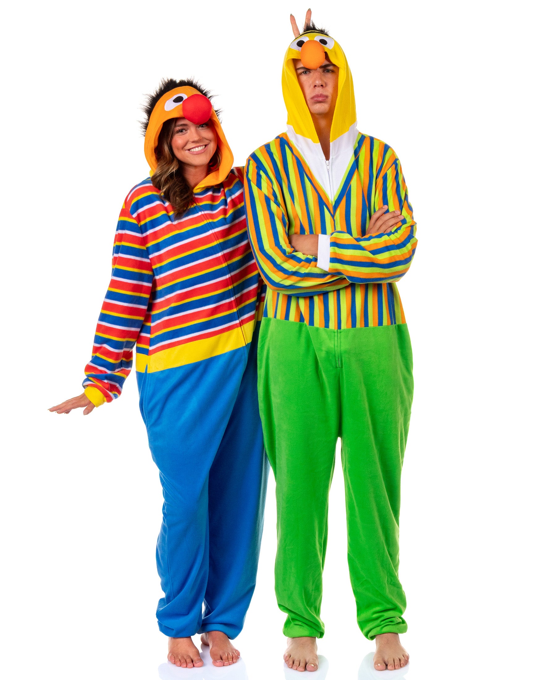Sesame Street Union Suit Bert Adult Hooded Costume One Piece Pajama (L/XL)