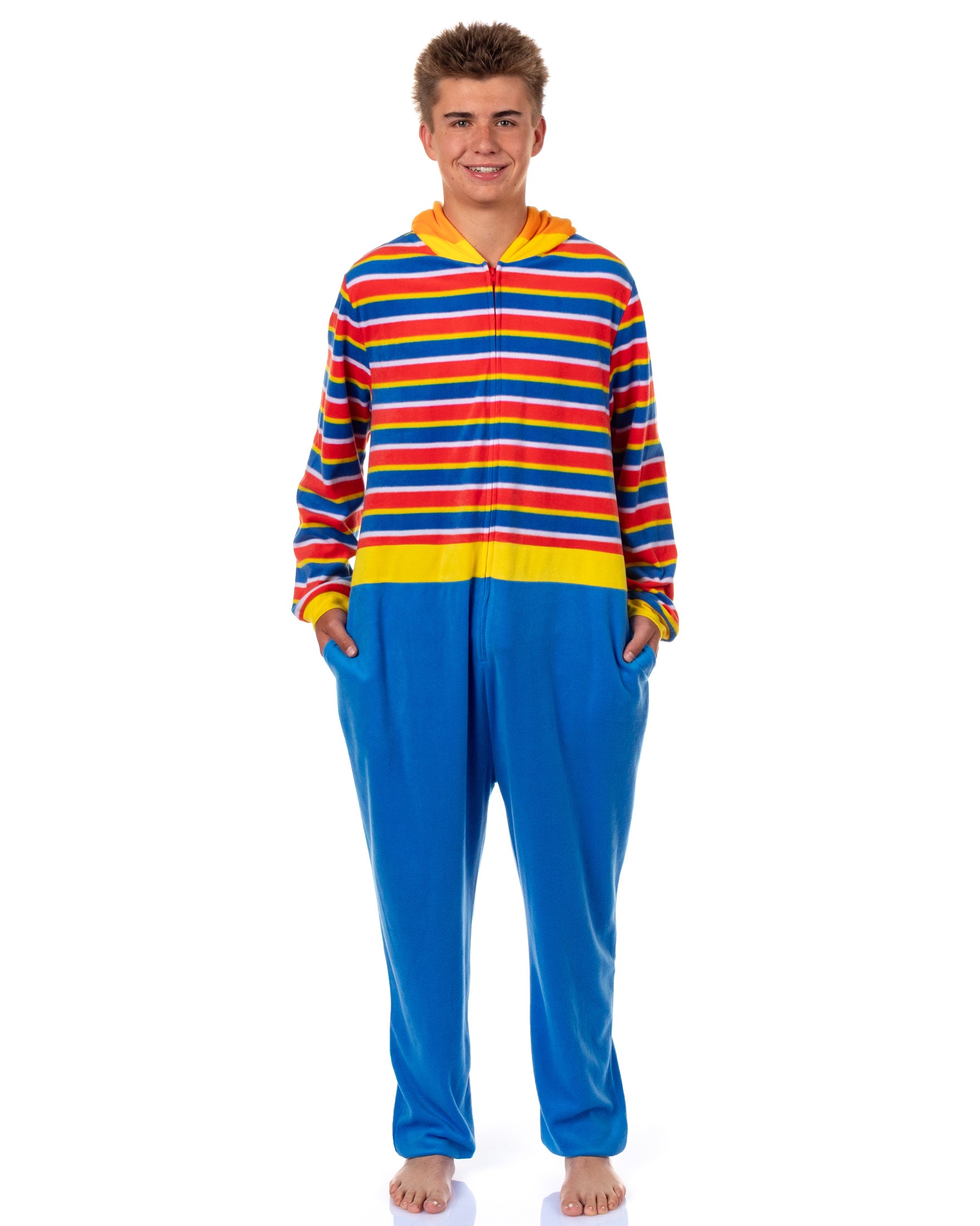 Sesame Street Union Suit Ernie Adult Hooded Costume One Piece Pajama (2XL/3XL)
