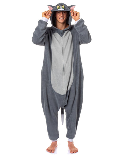 Tom & Jerry Union Suit Men's Tom Kigurumi Fleece Hooded Costume Pajama (L/XL)