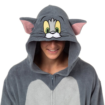 Tom & Jerry Union Suit Men's Tom Kigurumi Fleece Hooded Costume Pajama (L/XL)