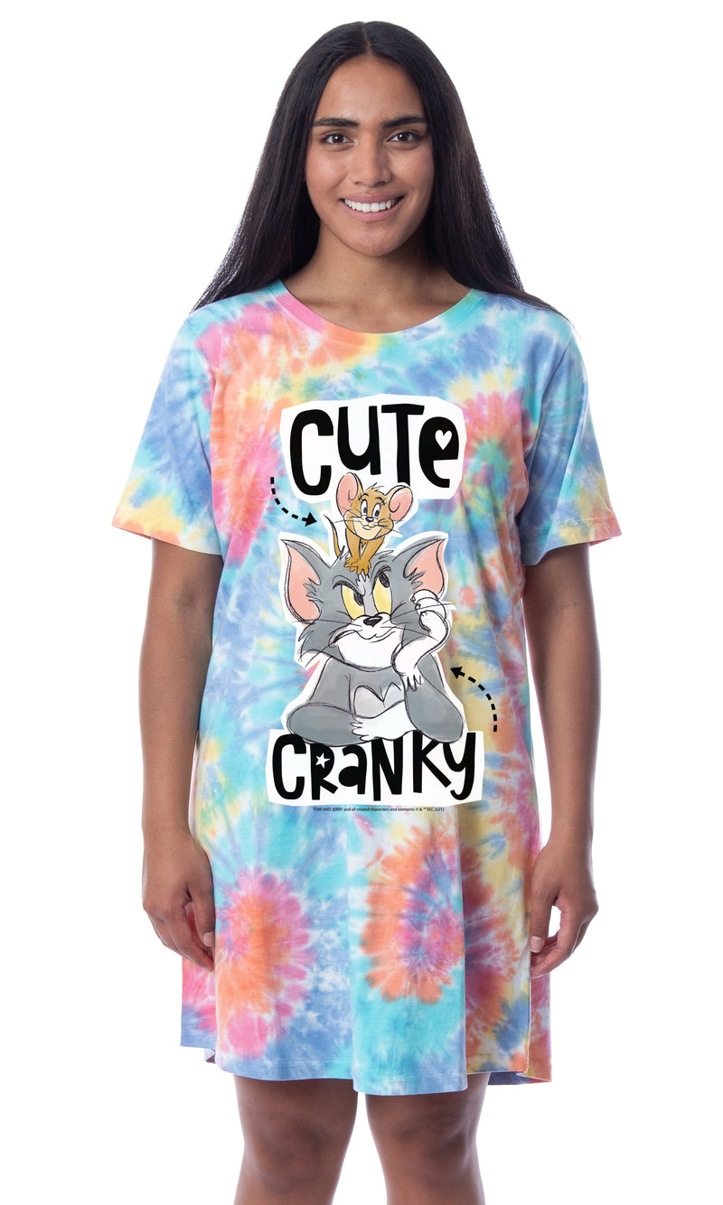 Tom And Jerry Womens' Cute Cranky Tie-Dye Nightgown Sleep Pajama Shirt