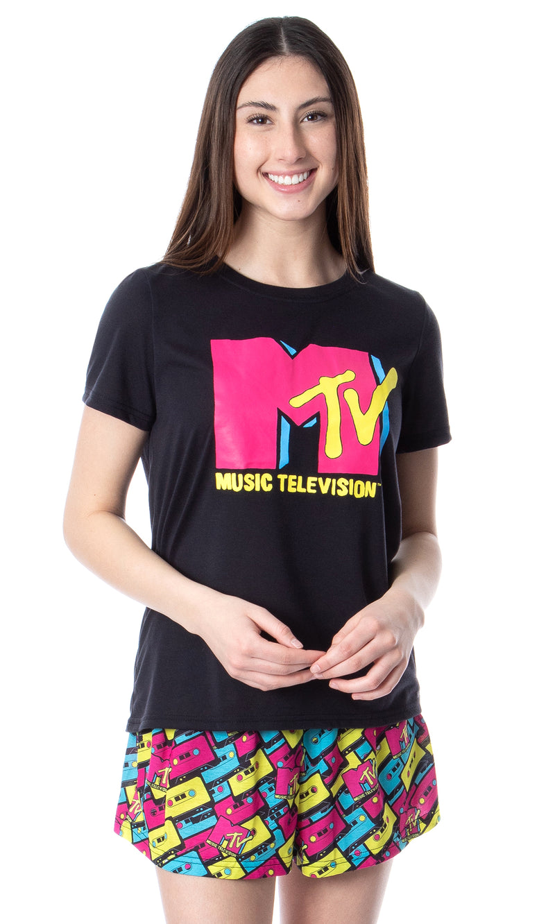MTV Womens' Music Television Neon Cassette Tape Sleep Pajama Set Short