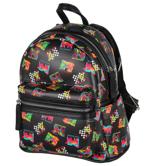 MTV Music Television '80s Logo Tossed Print Zippered Mini Small Backpack Bag