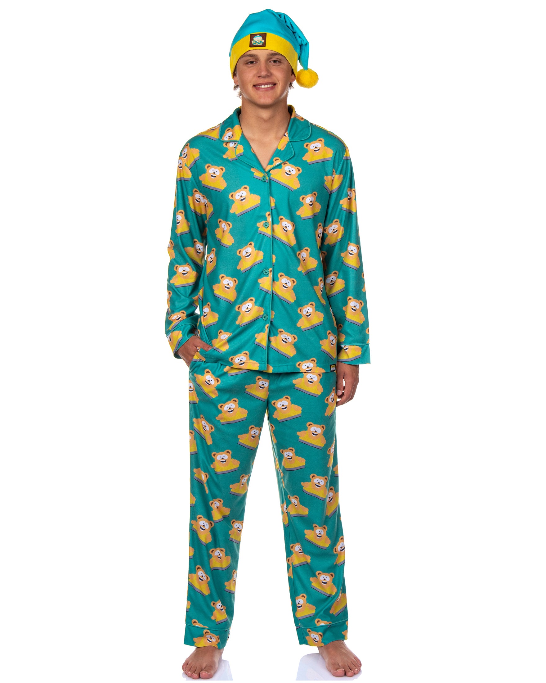 South Park Men's Wellington Bear Coat Front Pajama Set with Nightcap