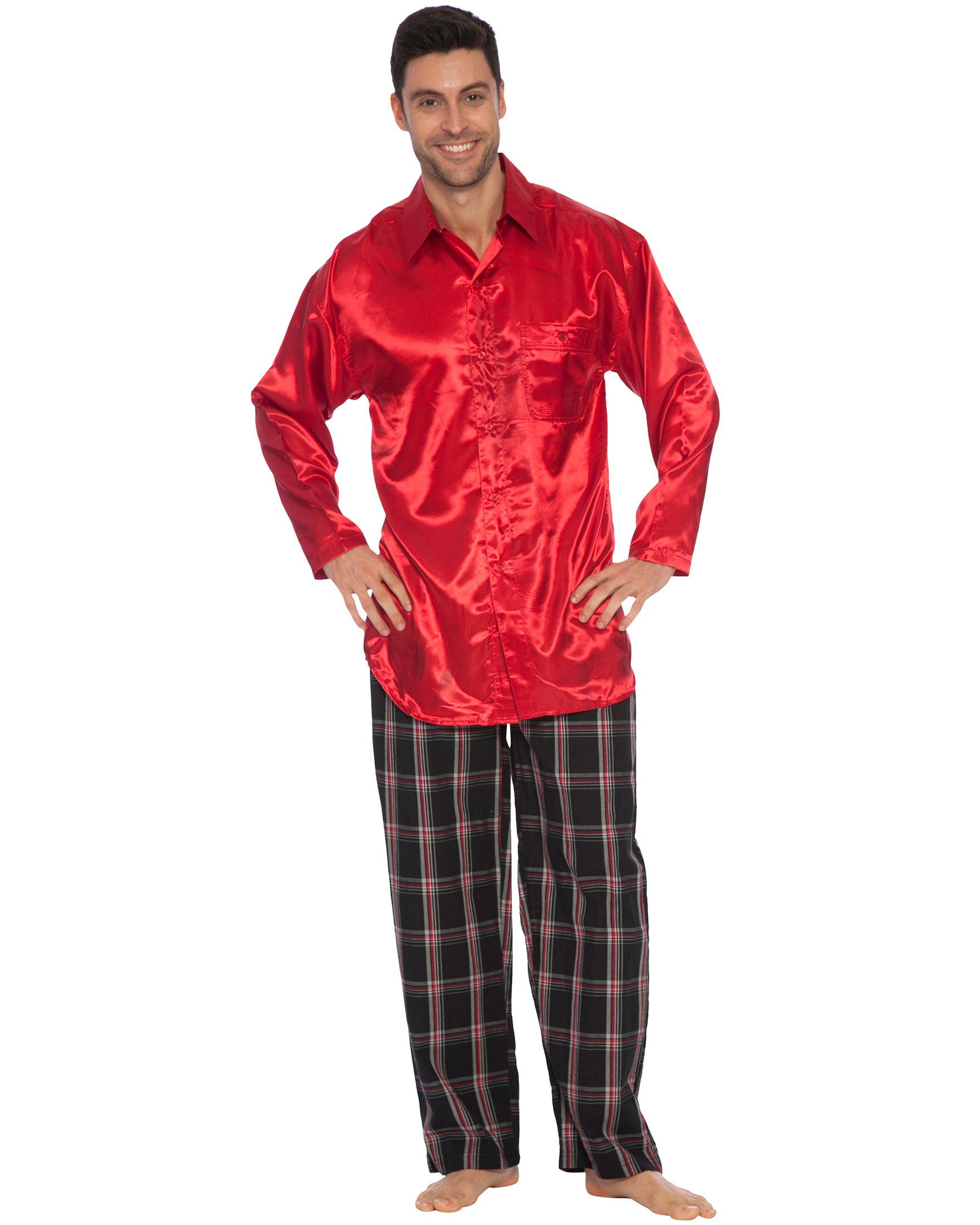 Intimo Mens Classic Satin Long Sleeve One Pocket Pajama Top