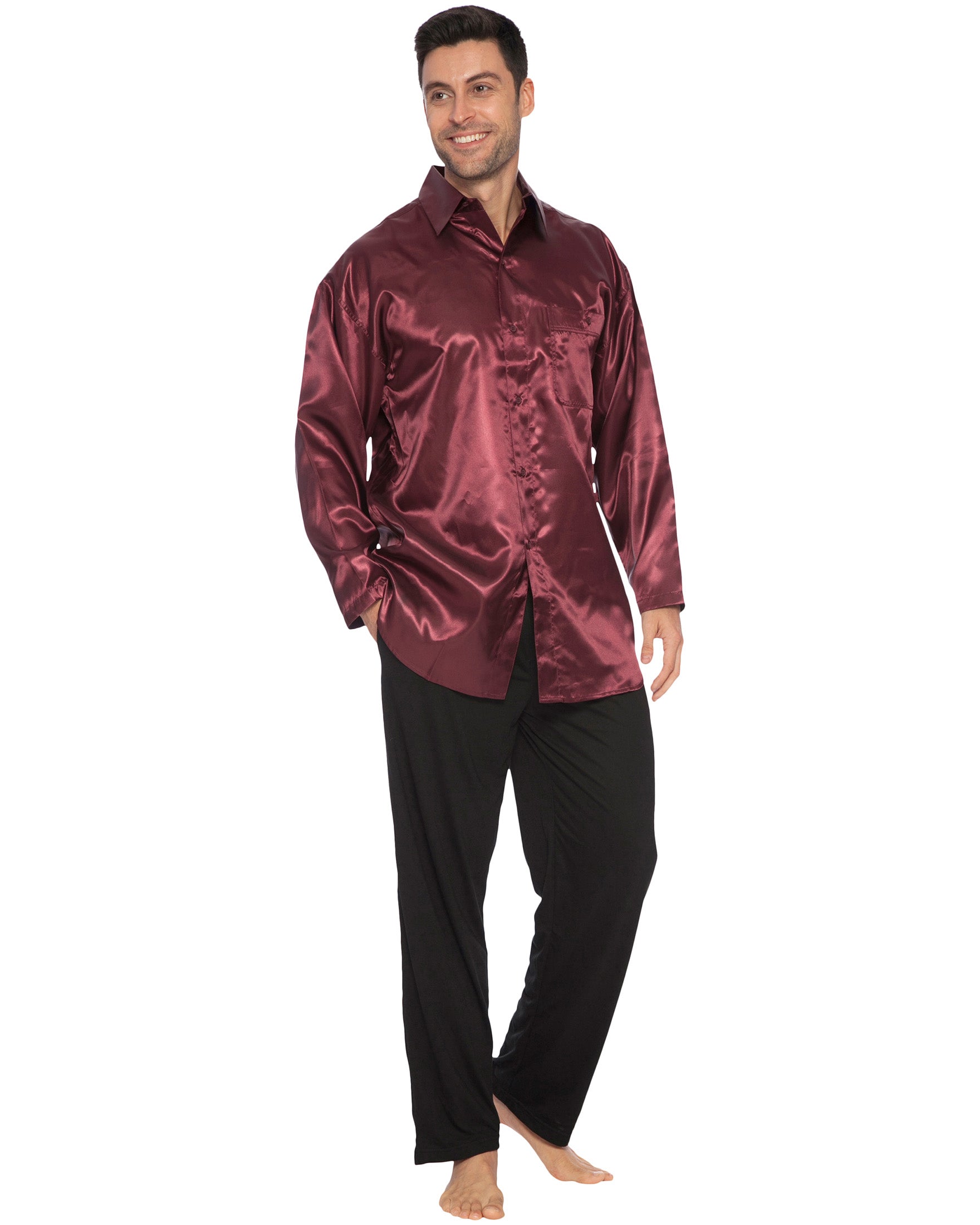 Intimo Mens Classic Satin Long Sleeve One Pocket Pajama Top