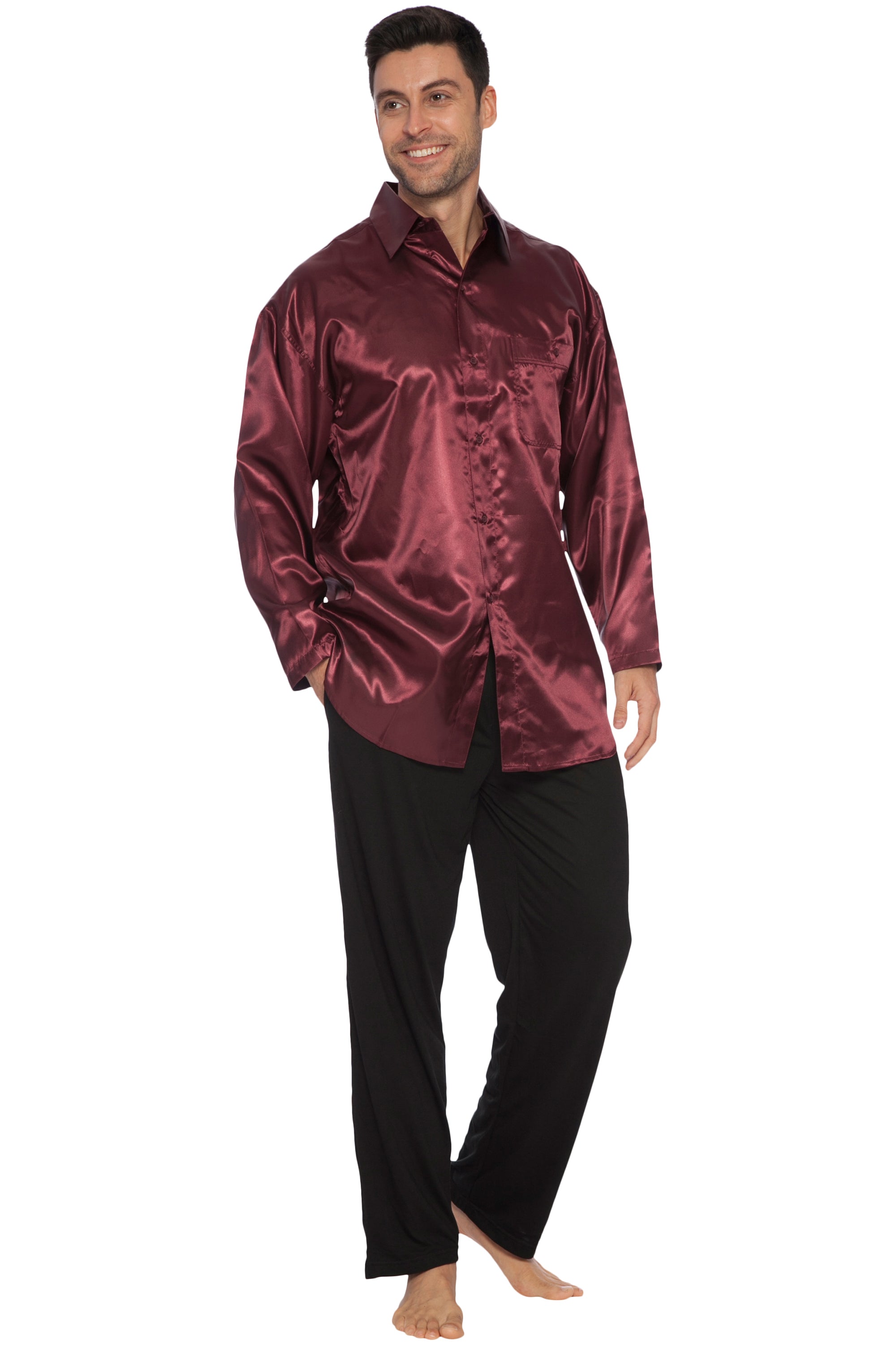 Intimo Mens Classic Satin Long Sleeve One Pocket Pajama Top