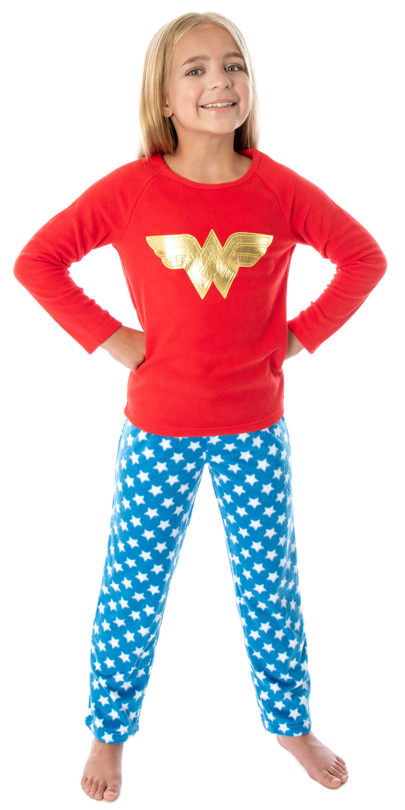 DC Comics Wonder Woman Girls' Classic Costume Colors Gold WW Logo Plush Fleece 2 PC Kids Pajama Set
