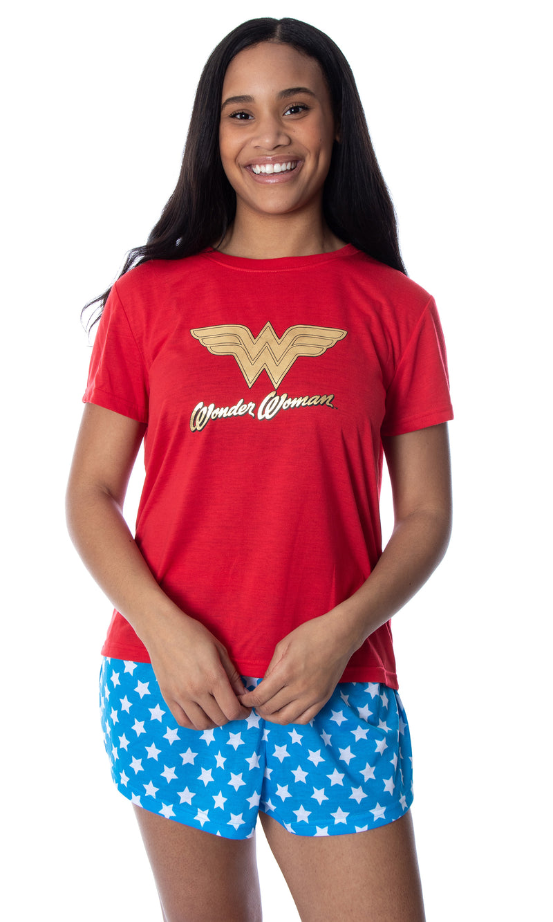 DC Comics Women's Wonder Woman Gold Foil Logo Shirt and Shorts Loungewear 2 Piece Pajama Set