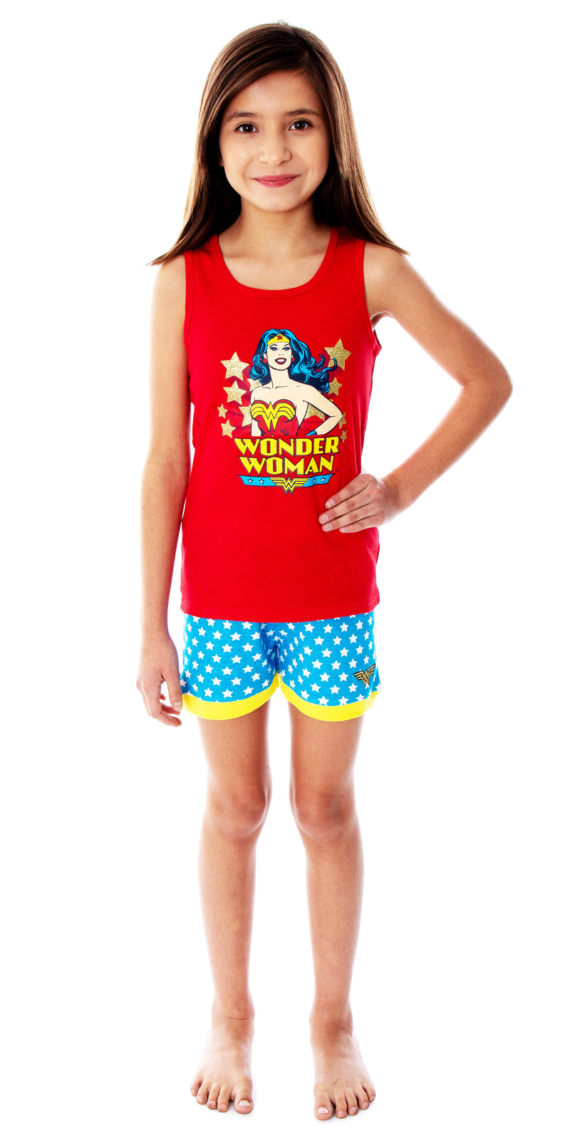 DC Comics Girls Wonder Woman Pajamas Tank Top And Shorts 2 Piece Superhero Pajama Set For Girls