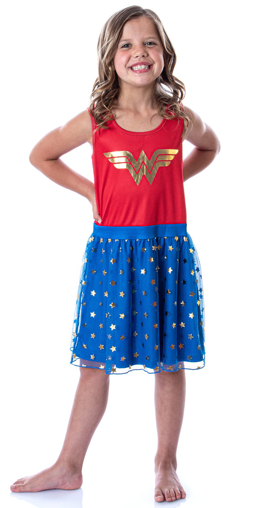 DC Comics Girl's Wonder Woman Logo and Stars Tank Nightgown Costume Pajama Dress