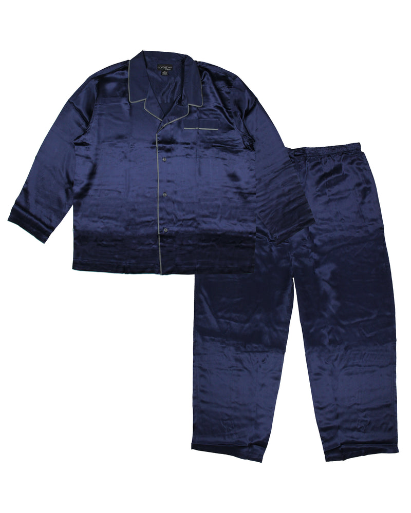 INTIMO Mens Big and Tall Silk Long Sleeve Pajama Set with Piping (Navy/Silver, 2X-Large)