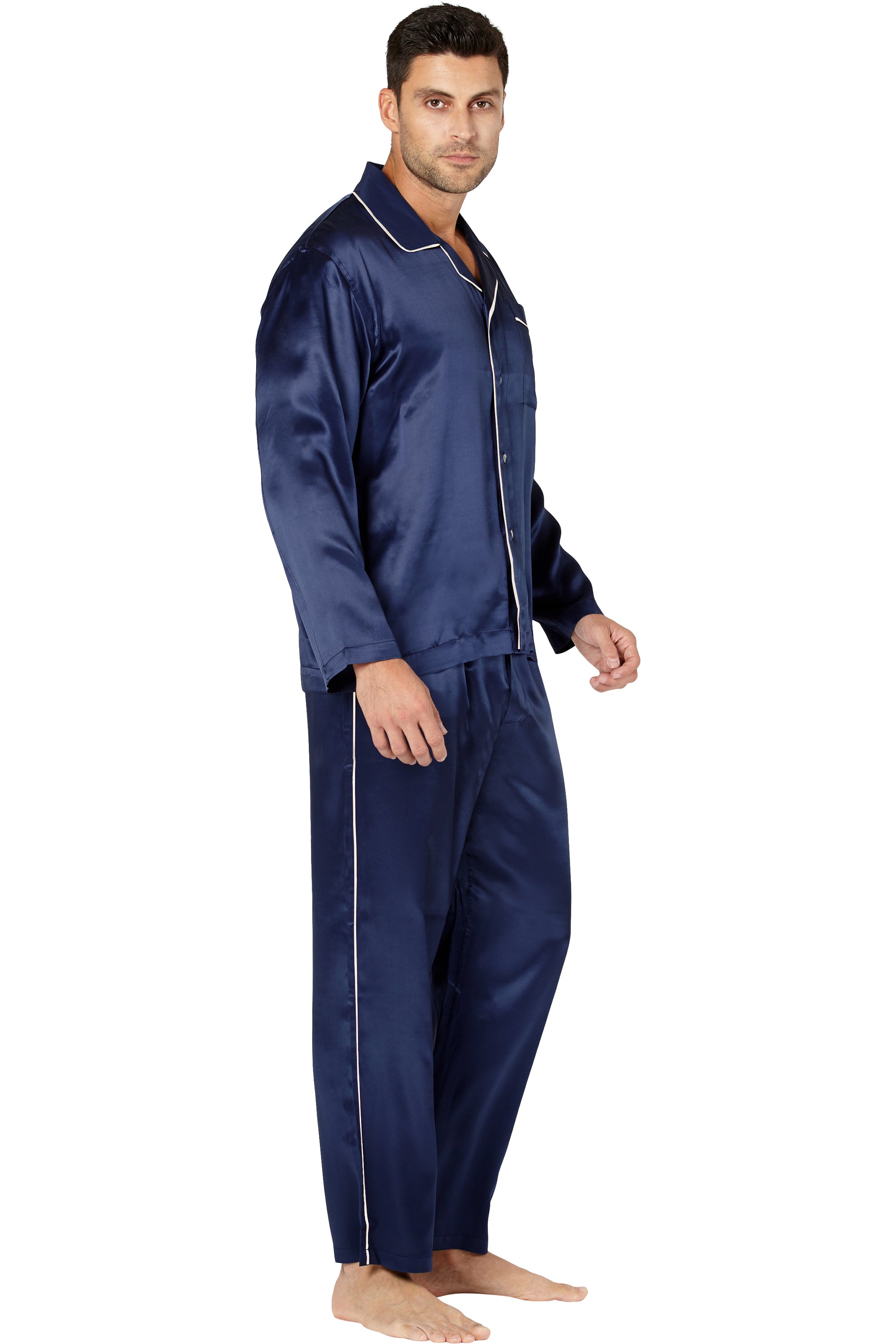 INTIMO Mens Big and Tall Silk Long Sleeve Pajama Set with Piping