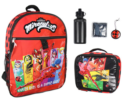Miraculous Tales of Ladybug & Cat Noir 5 PC Backpack Icepack Water Bottle 16"