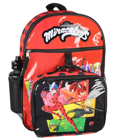 Miraculous Tales of Ladybug & Cat Noir 5 PC Backpack Icepack Water Bottle 16"