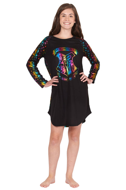 Harry Potter Girls Hogwarts Rainbow Hologram Raglan Nightgown Pajama