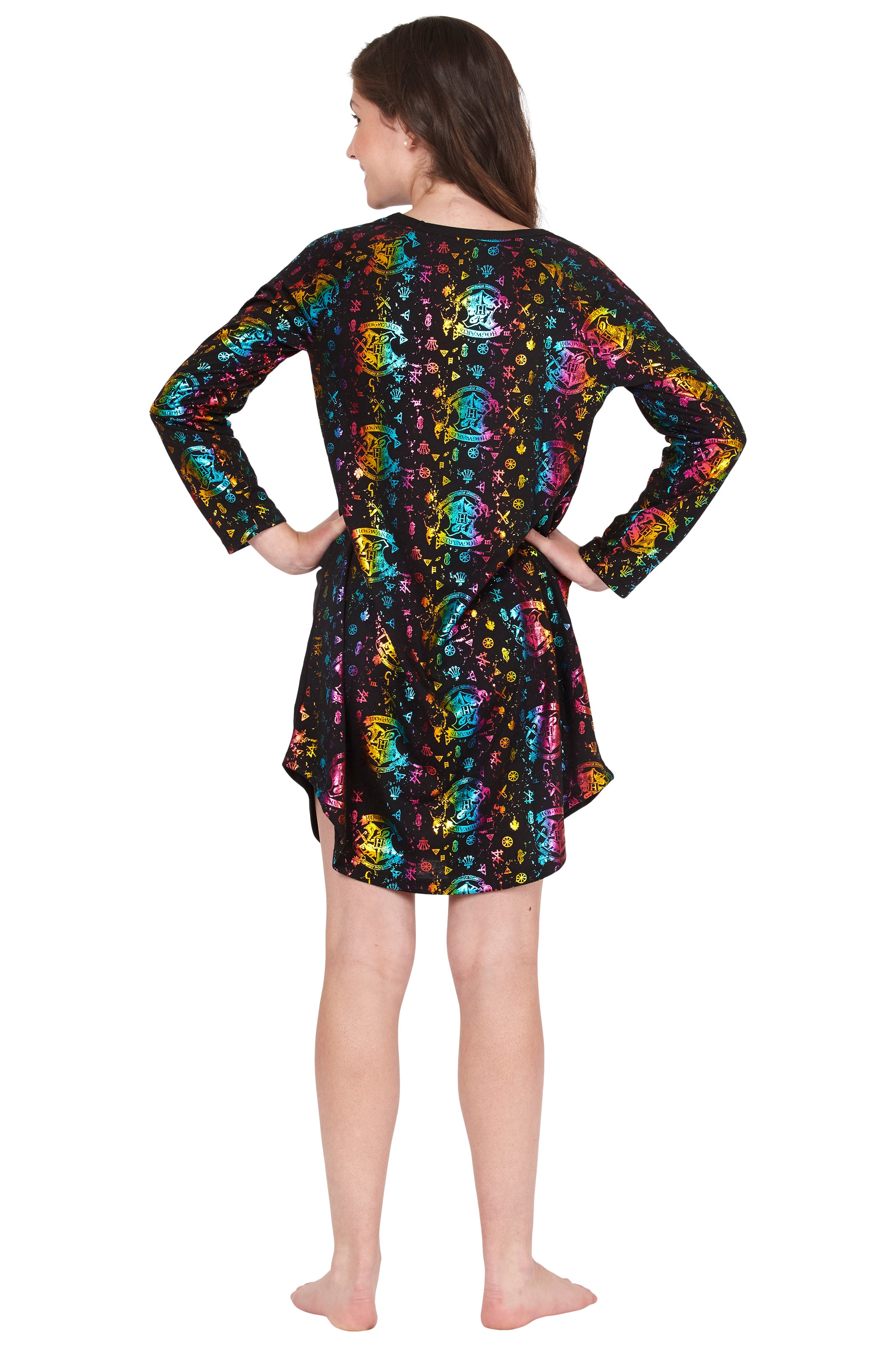 Harry Potter Girls Hogwarts Rainbow Hologram Raglan Nightgown Pajama