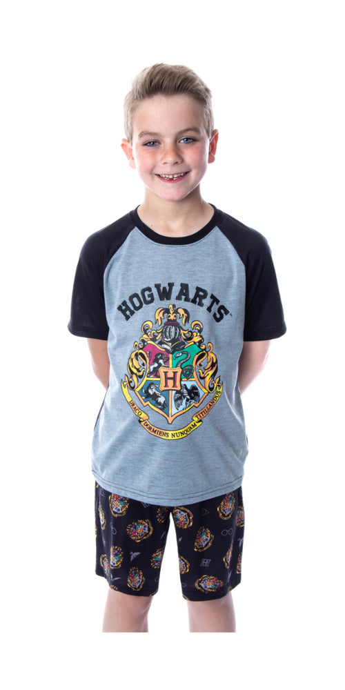 Harry Potter Pajamas Boys' Hogwarts Castle Crest Logo Raglan Shirt and Shorts 2 PC Pajama Set